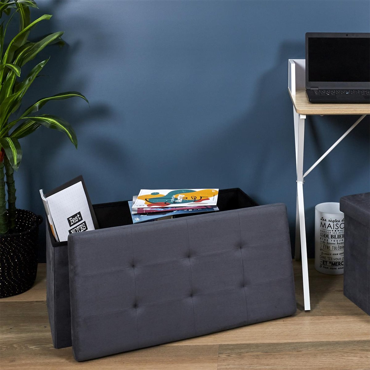 Coffre de rangement banc pliable Suedine Gris foncé gris foncé, EDEN