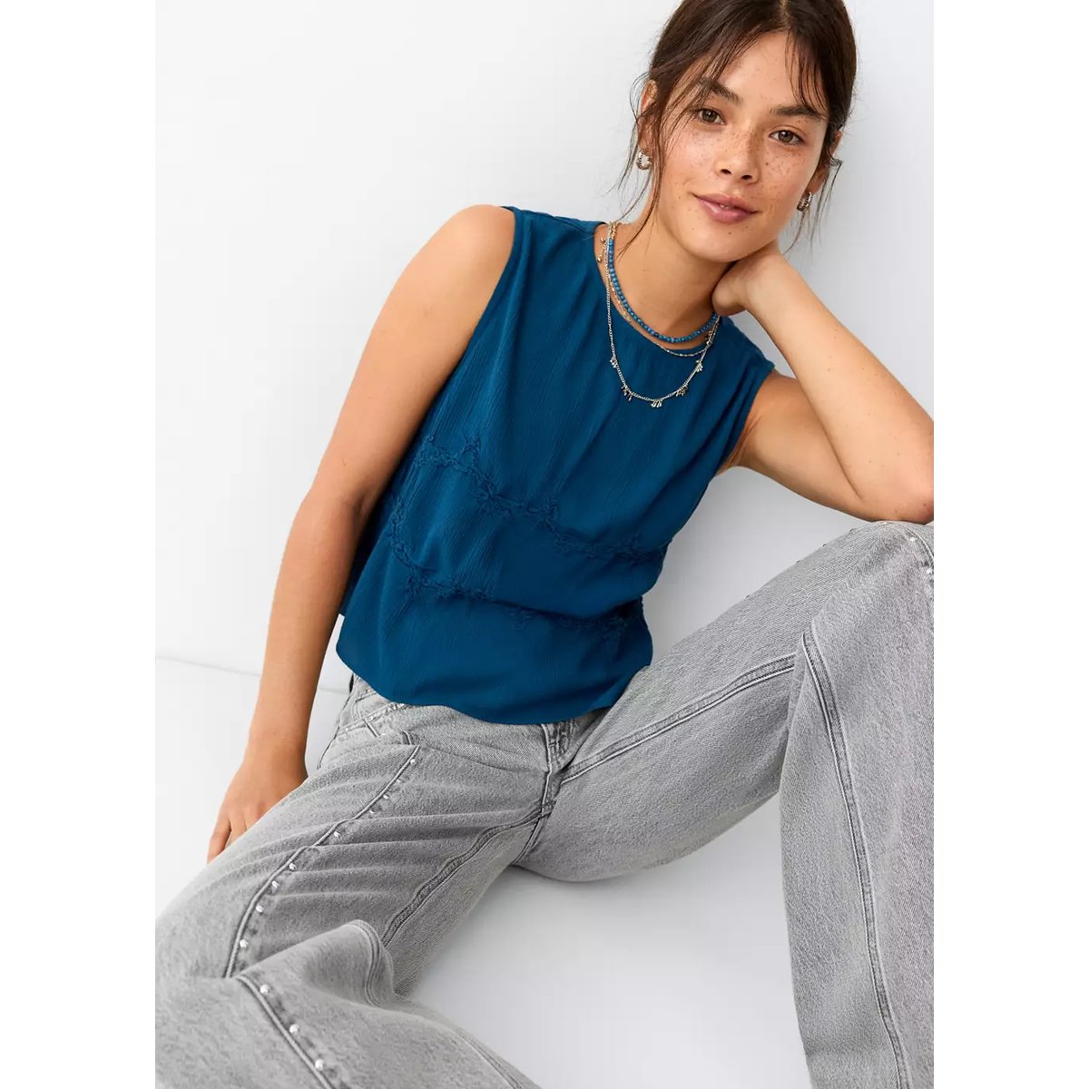 Jean wide leg coutures et clous gris denim, MANGO TEEN