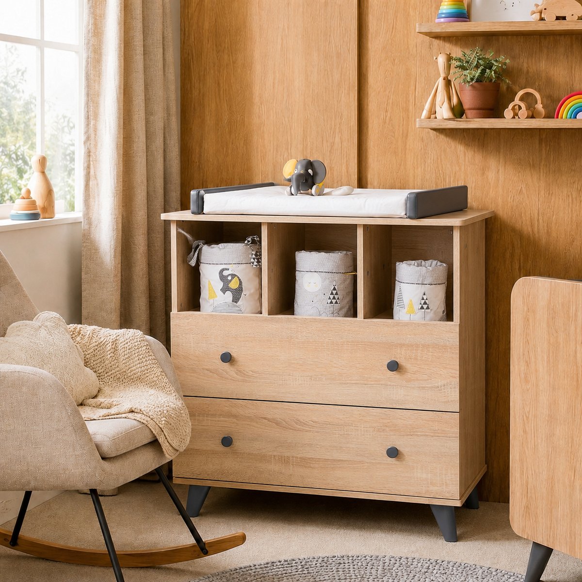 Chambre bébé trio: Lit bébé 60x120, Commode à langer 2 tiroirs et armoire 2 portes décor bois chêne marron/gris, SAUTHON