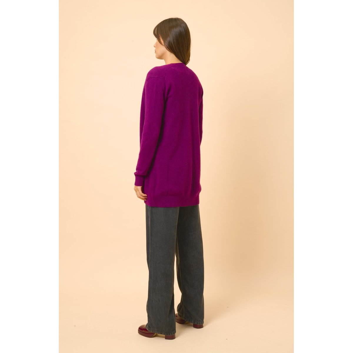 Cardigan Col V Prune Chelsea violet chiné, JUST CASHMERE