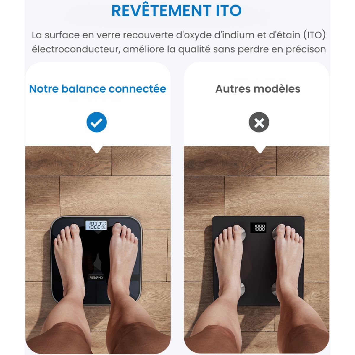Pèse personne connecté Elis Solar 2 A020 connecté, impédancemètre, 13 mesures corporelles - Recharge solaire couleur unique, RENPHO