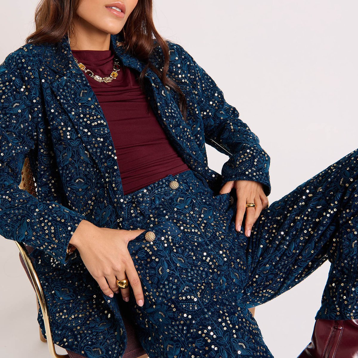 Veste de costume velours et perles ESSIE bleu, WILD