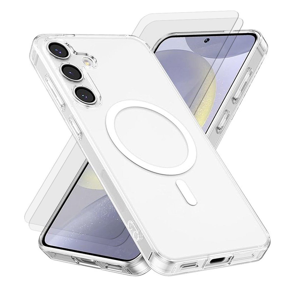 Coque Anti-choc Magnétique compatible Magsafe pour Galaxy S24 Plus Transparente + 2 vitres transparent, EVETANE