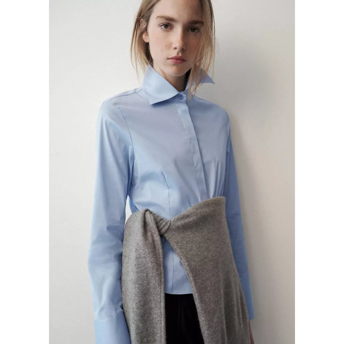 Chemise popeline courte bleu ciel, MANGO