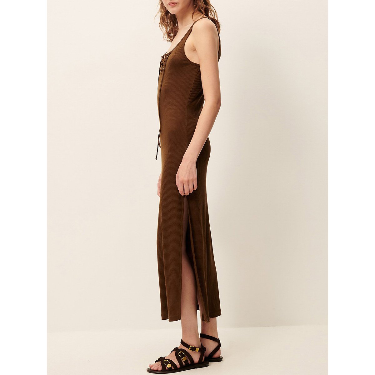 Robe longue sans manches au décolleté lacé, SUELI marron, SESSUN