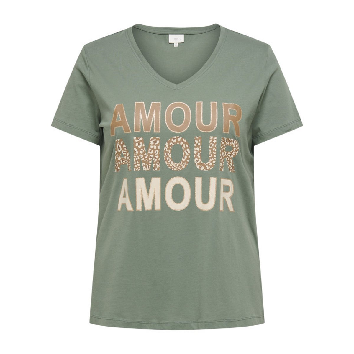T-shirt en coton biologique kaki avec un imprimé et une coupe ajustée vert, ONLY CARMAKOMA