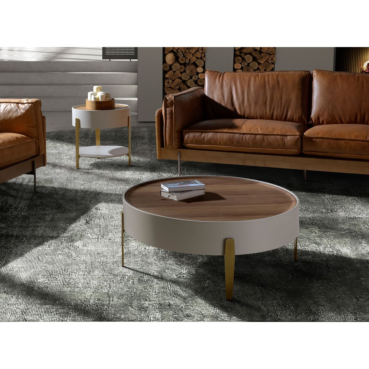Table d'angle ronde en noyer, bois et acier poli plaqué beige | l'or | noyer, ANGEL CERDA