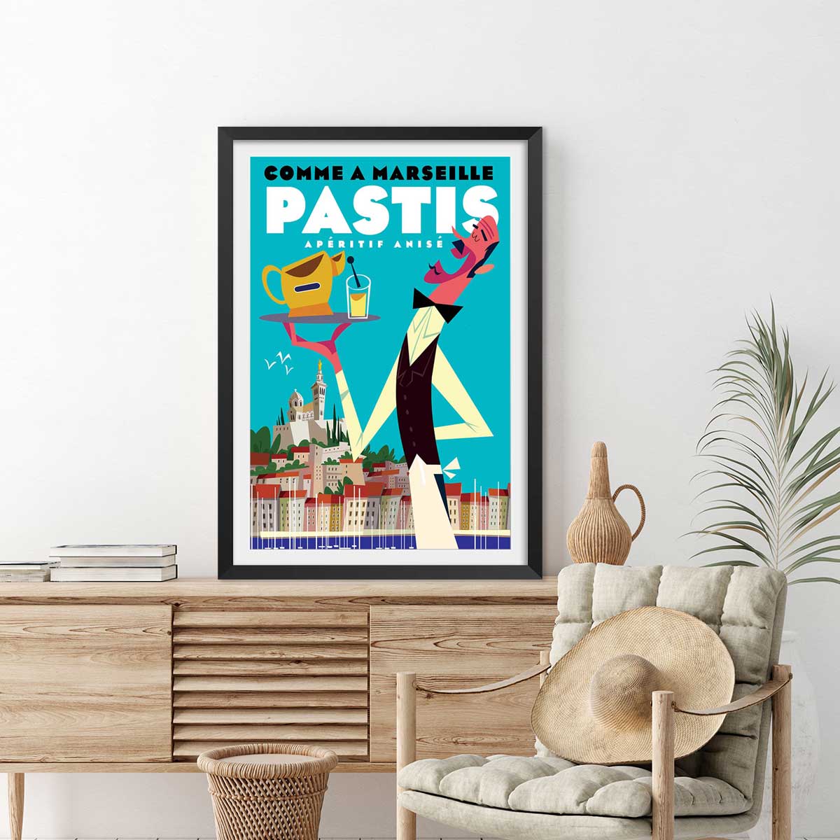 Poster un pastis sur le vieux port affiche + cadre en bois - noir, HEXOA