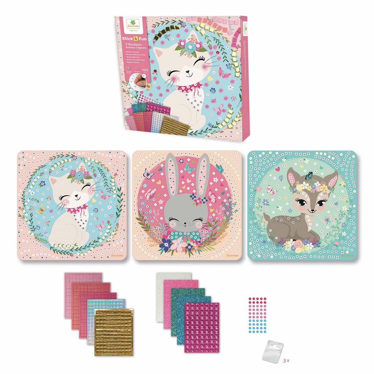 3 Mosaïques Animaux mignons rose, SYCOMORE