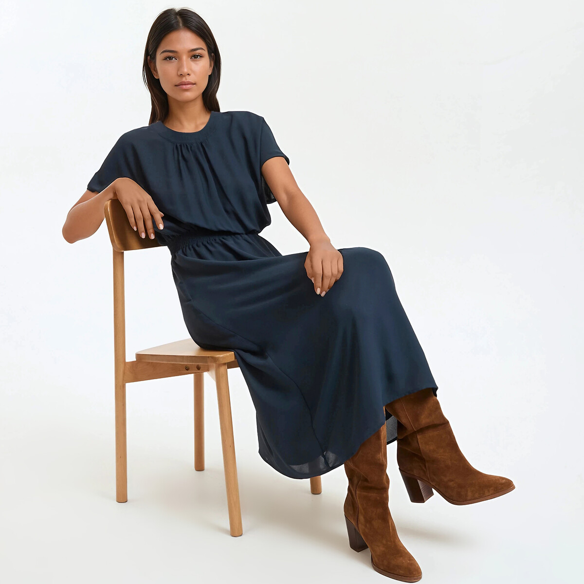 Robe longue évasée, taille élastiquée smockée bleu marine, LA REDOUTE COLLECTIONS