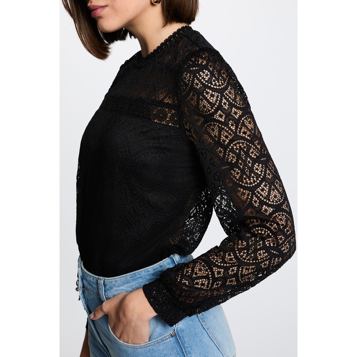 T-shirt dentelle manches longues noir, MORGAN