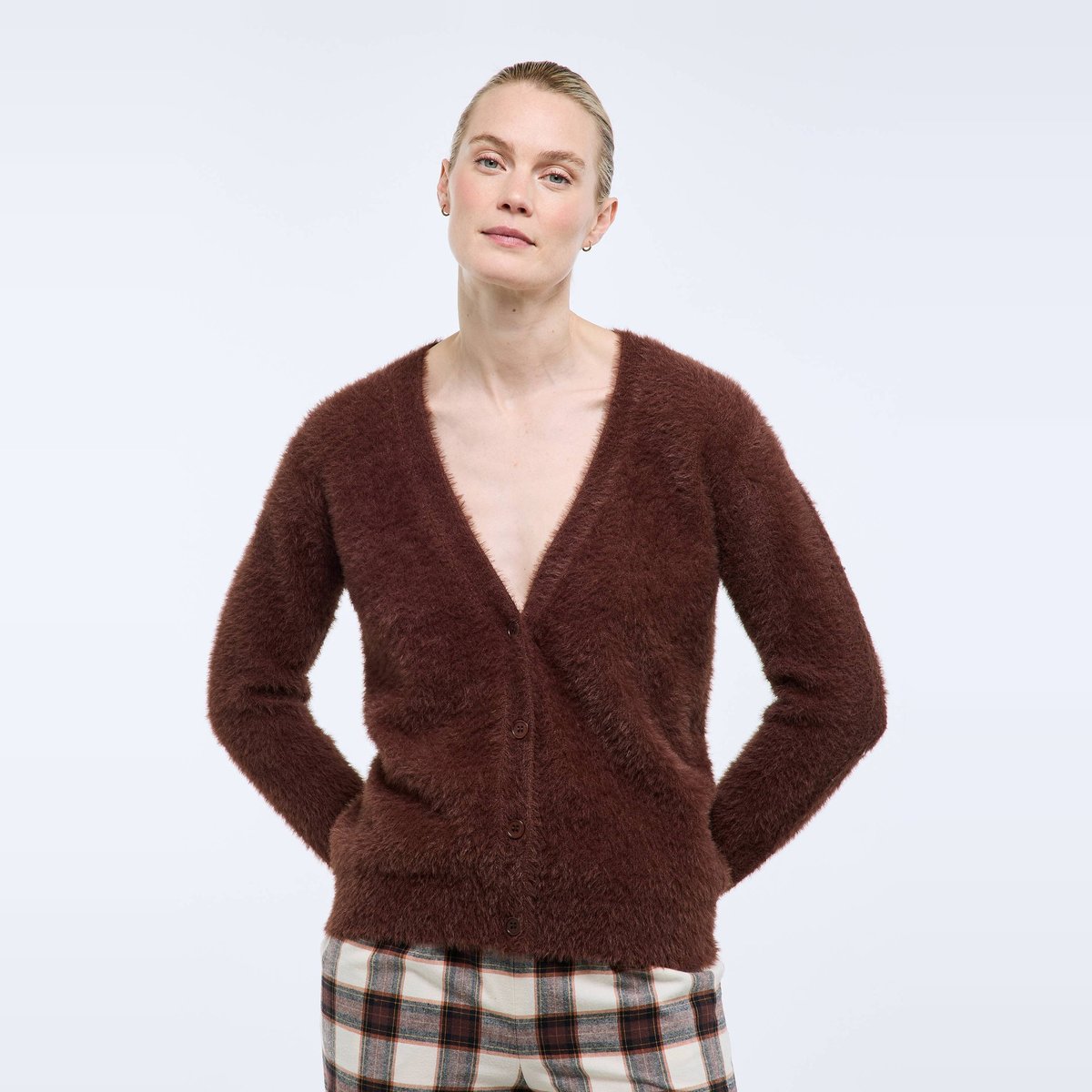 Cardigan uni en laine et polyamide bison, MONOPRIX