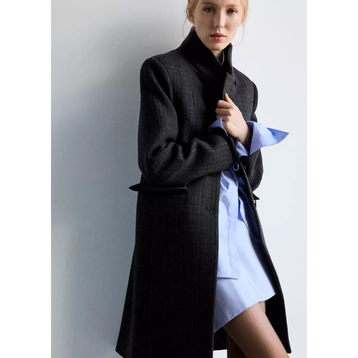 Manteau en laine Manteco à carreaux gris chiné foncé, MANGO
