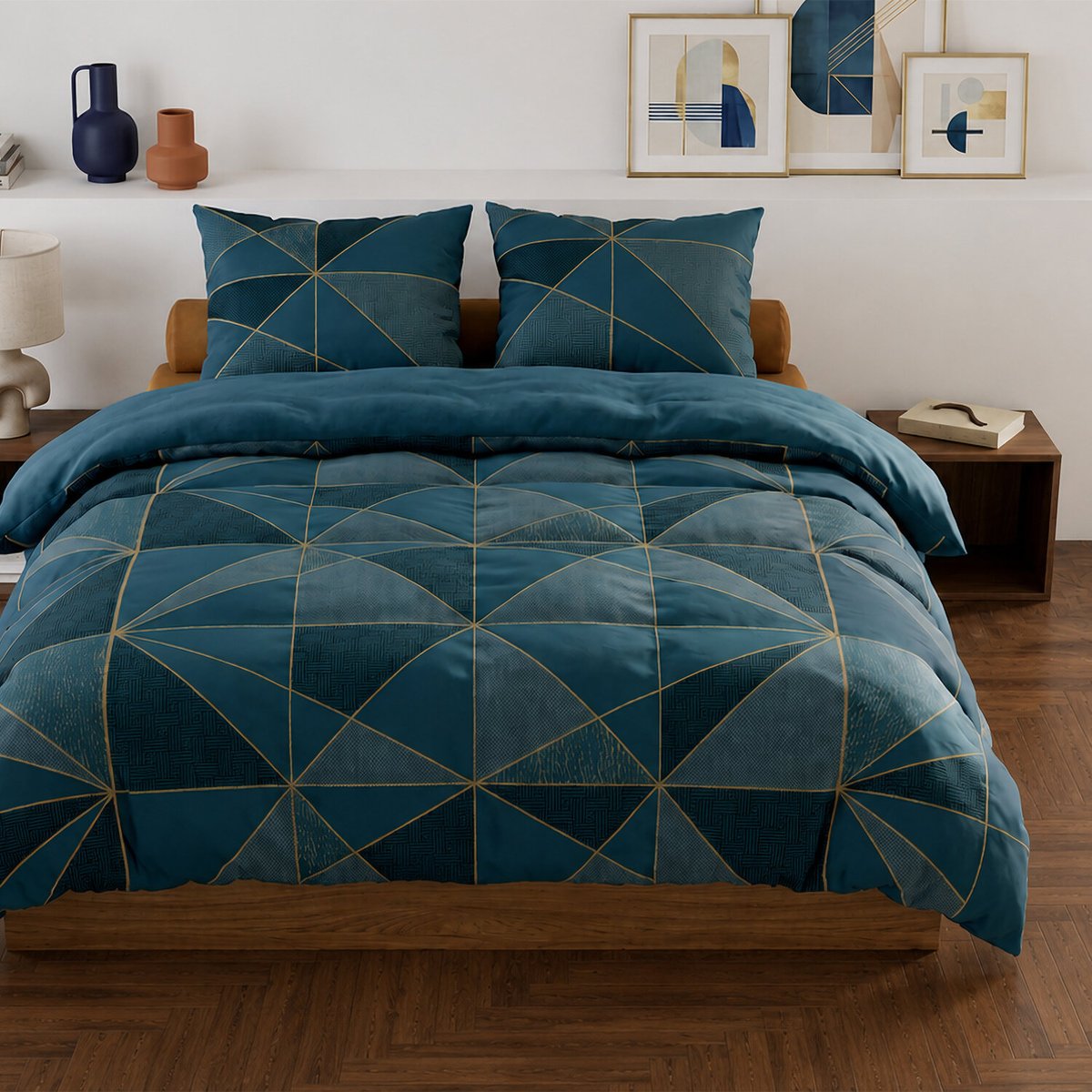 Parure imprimée avec housse de couette et taie(s) en coton, Reno bleu, ATELIER DU COTON