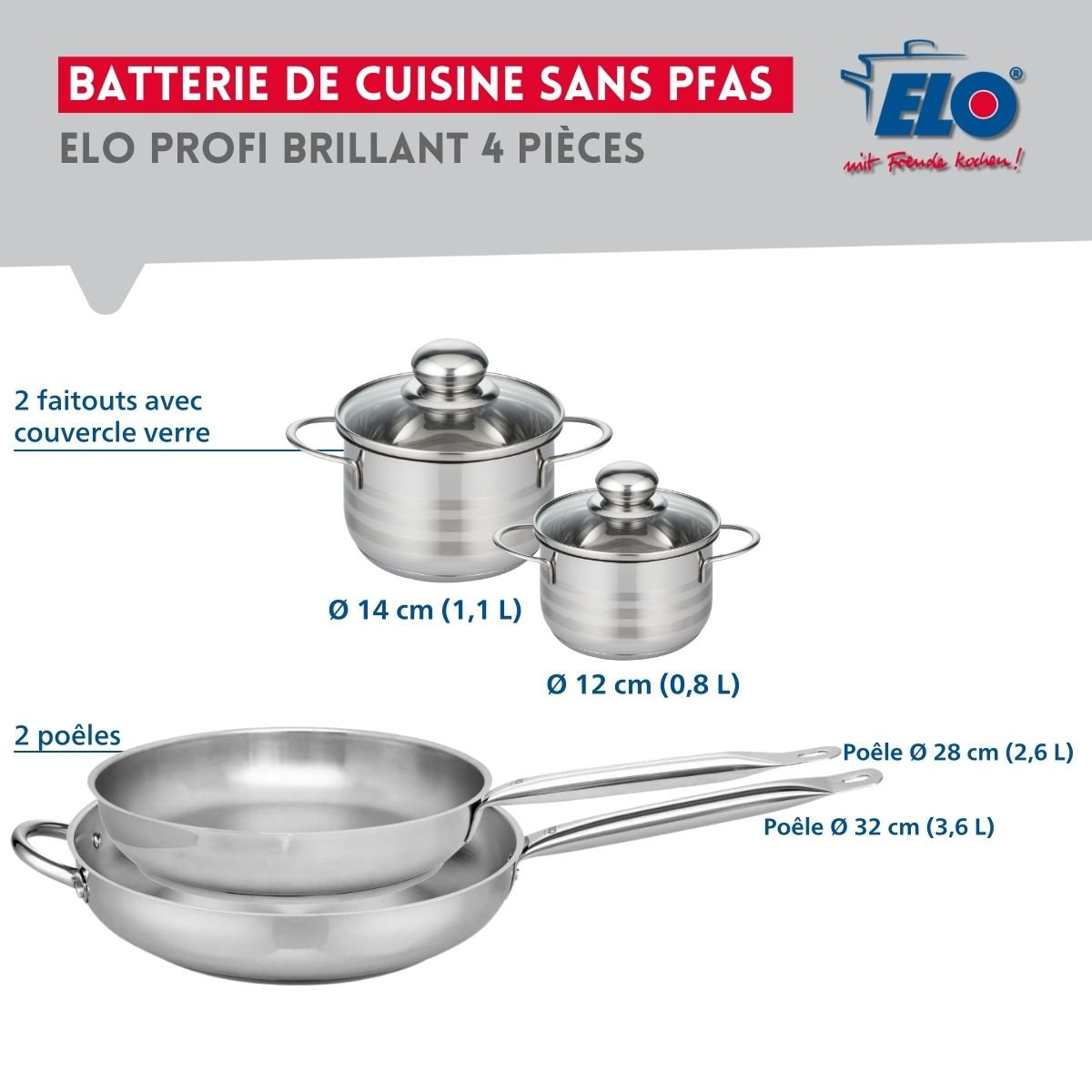 Batterie 2 poêles 28/32cm + 2 faitouts 12/14cm PROFI BRILLANT inox, ELO