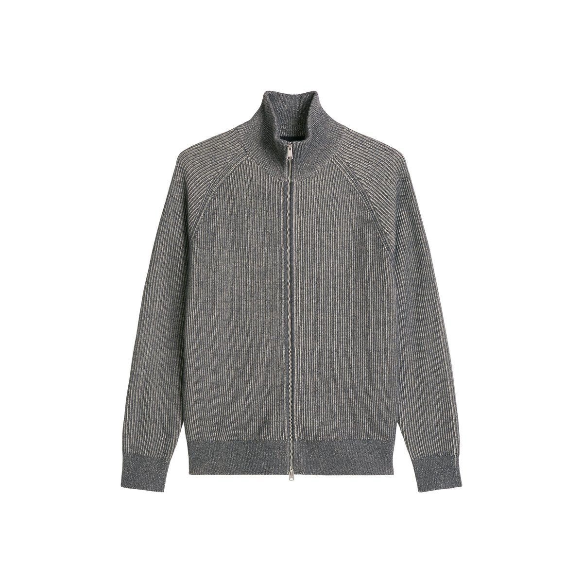 Cardigan à col montant, coupe régulière en mélange de coton bio et de laine vierge gris, MARC O'POLO