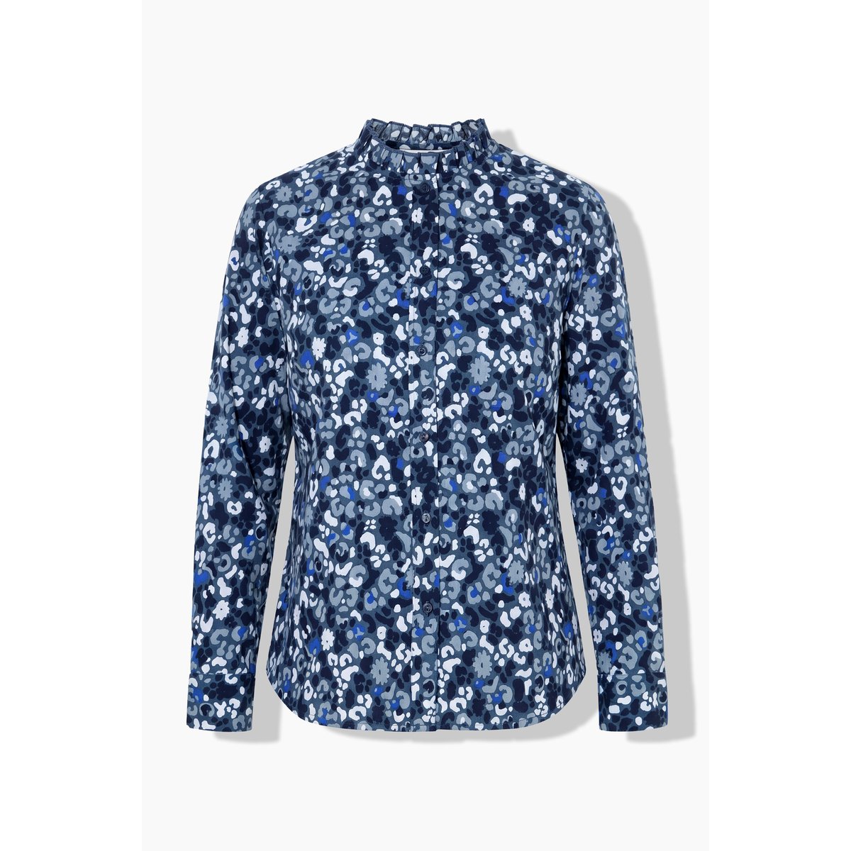 Chemisier motif léopard et ruchés bleu jean mat, ULLA POPKEN