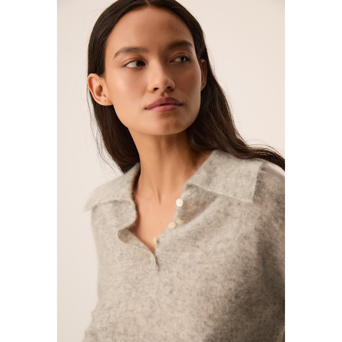 Pull à grand col polo, DOMITILLE gris chiné, DES PETITS HAUTS