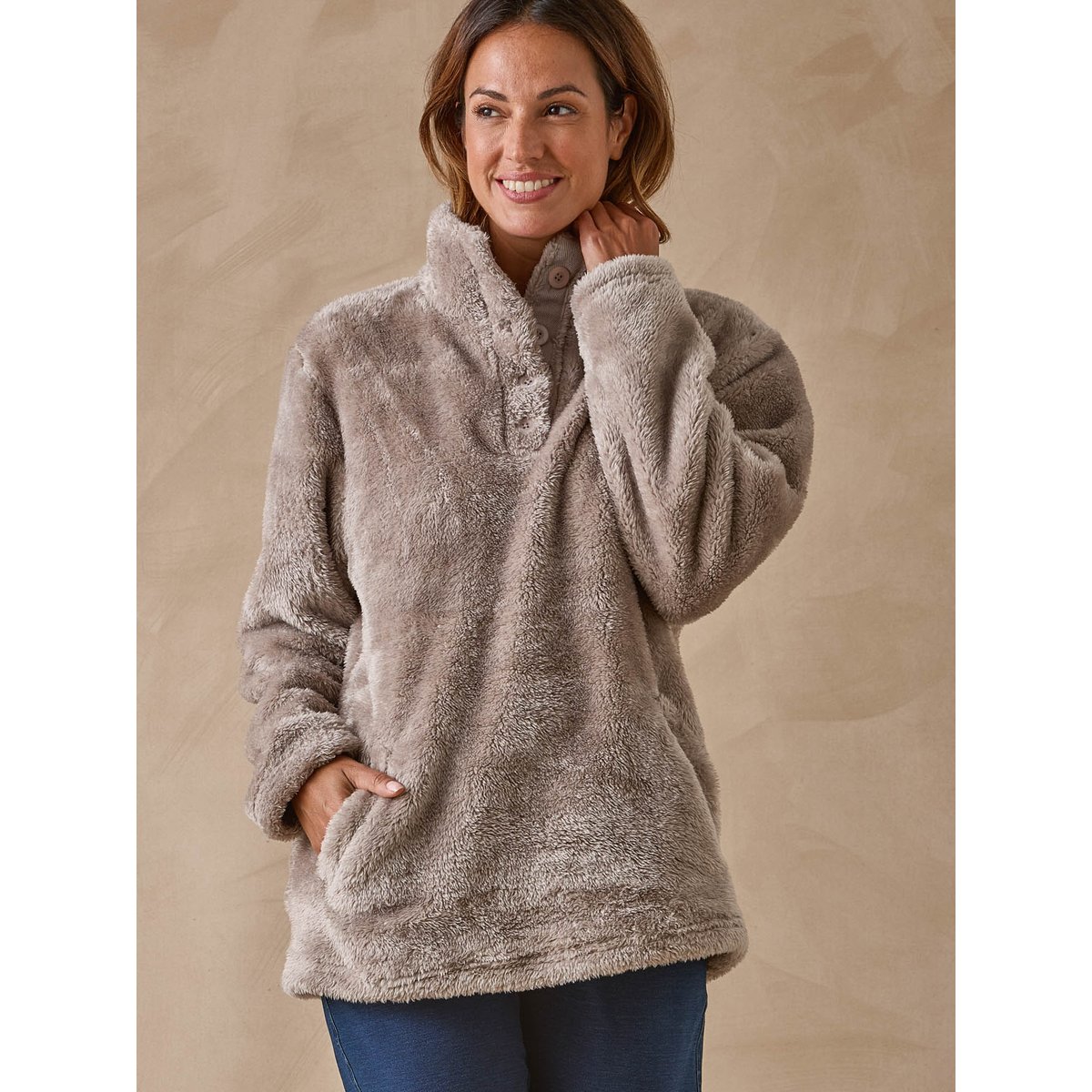 Sweat-shirt col montant maille douce vison, DAXON