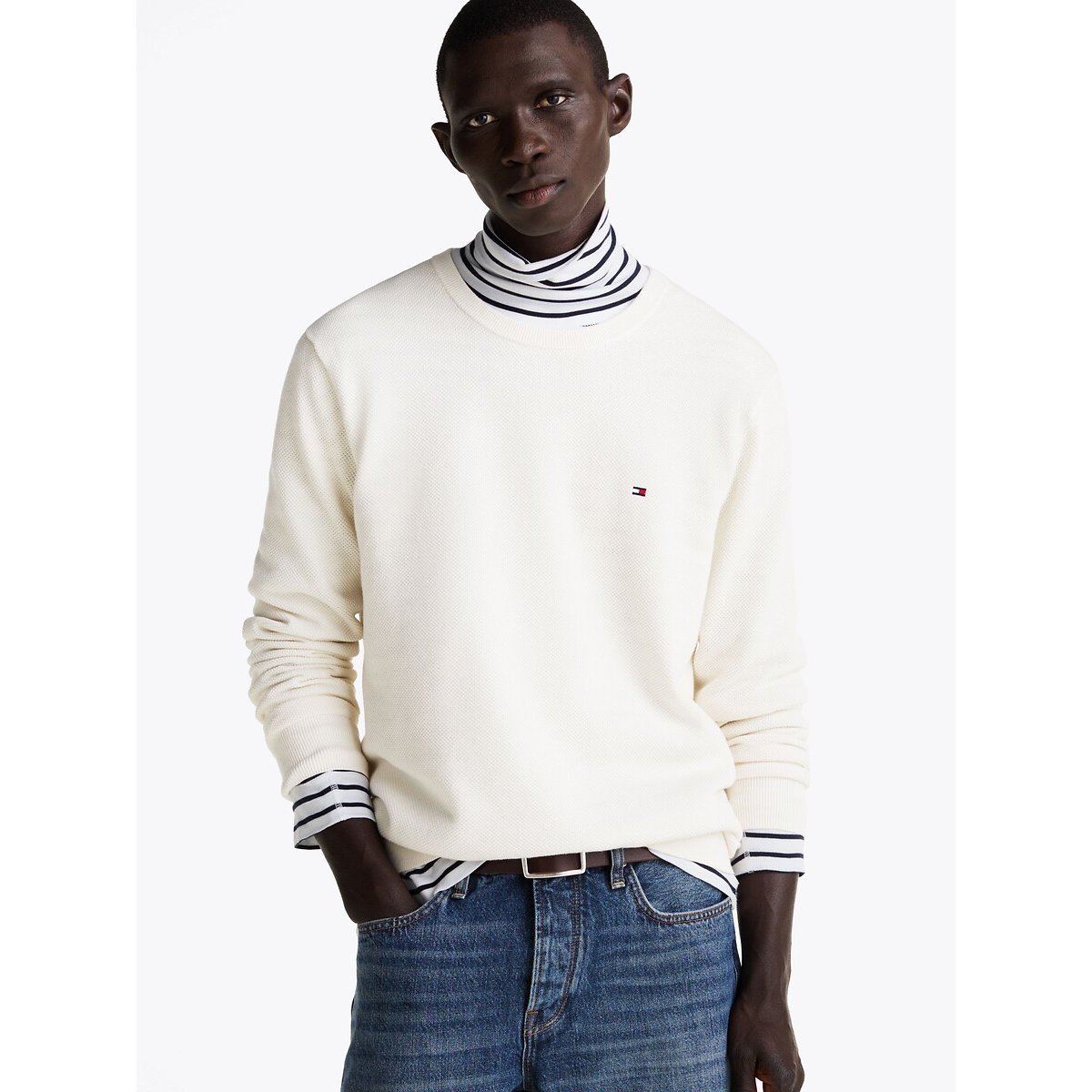 Pull texturé à col ras-du-cou et drapeau ivoire, TOMMY HILFIGER