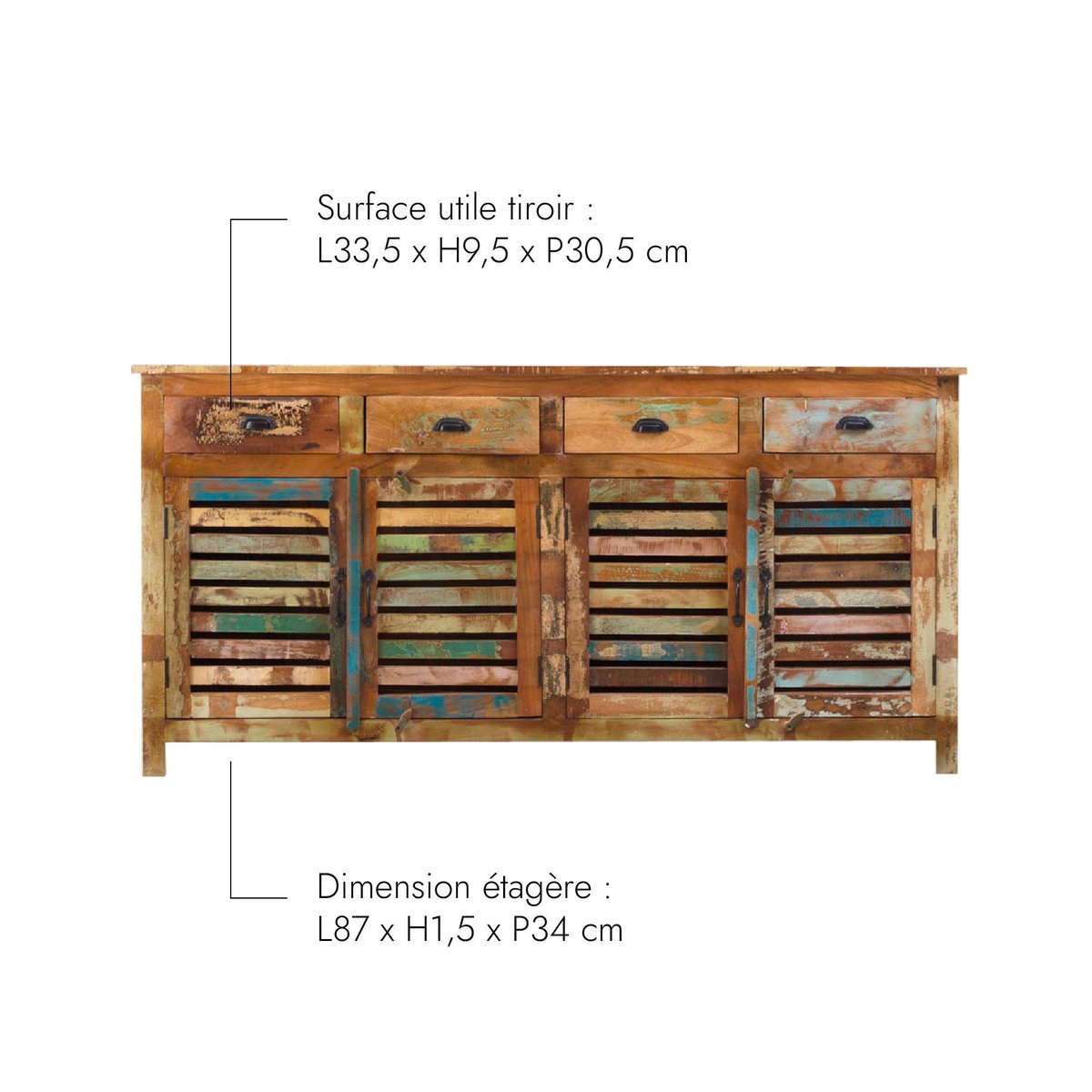 Buffet en bois massif ETHNIK multicolore, MADE IN MEUBLES 