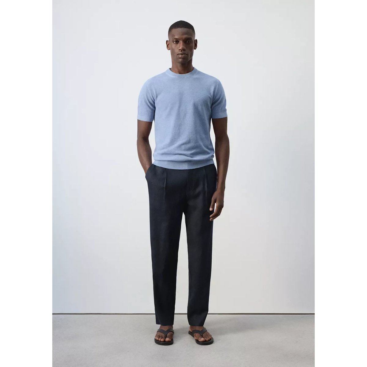 T-shirt maille fine mélange de coton bleu, MANGO MAN
