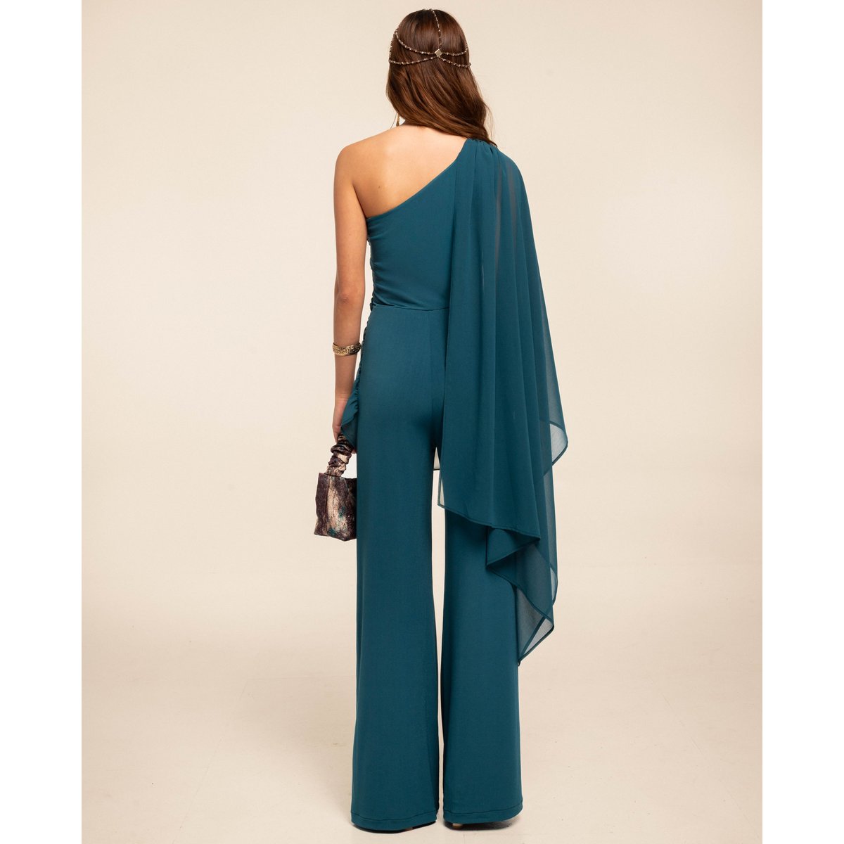 Combinaison asymétrique avec cape en mousseline turquoise, THE-ARE