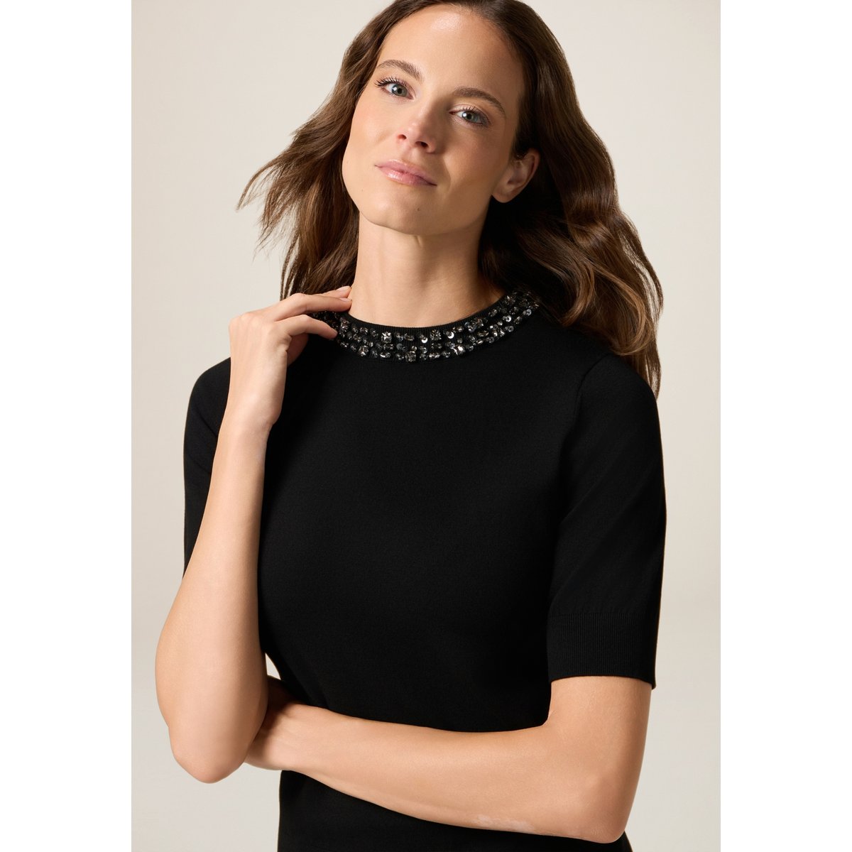 Pull col rond avec décorations noir, OLTRE