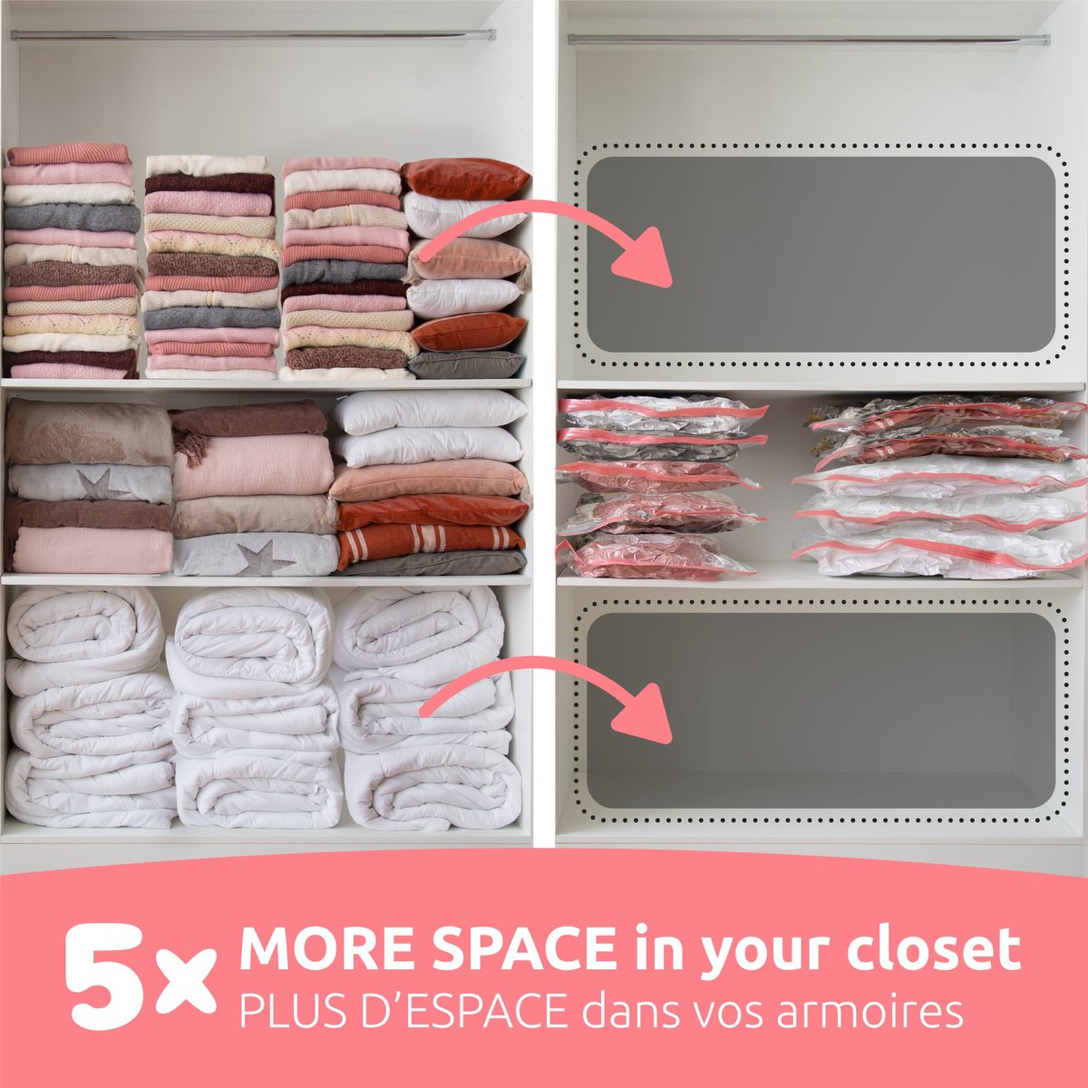 Lot de 3 sacs de rangement sous vide Aspispace 2 tailles+ 1 taille L transparent, COMPACTOR