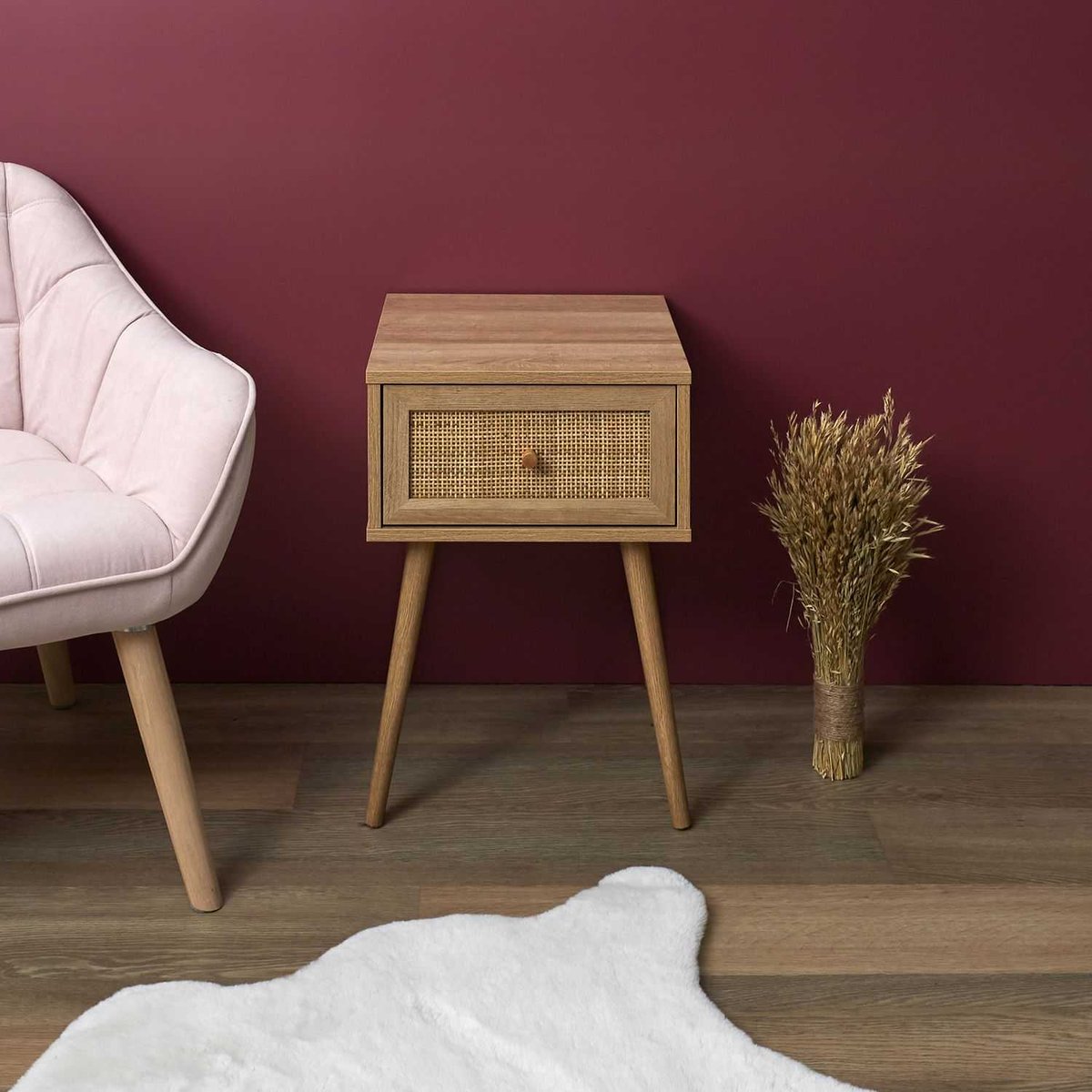 Table de chevet 1 tiroir en cannage BALI beige, TOILINUX