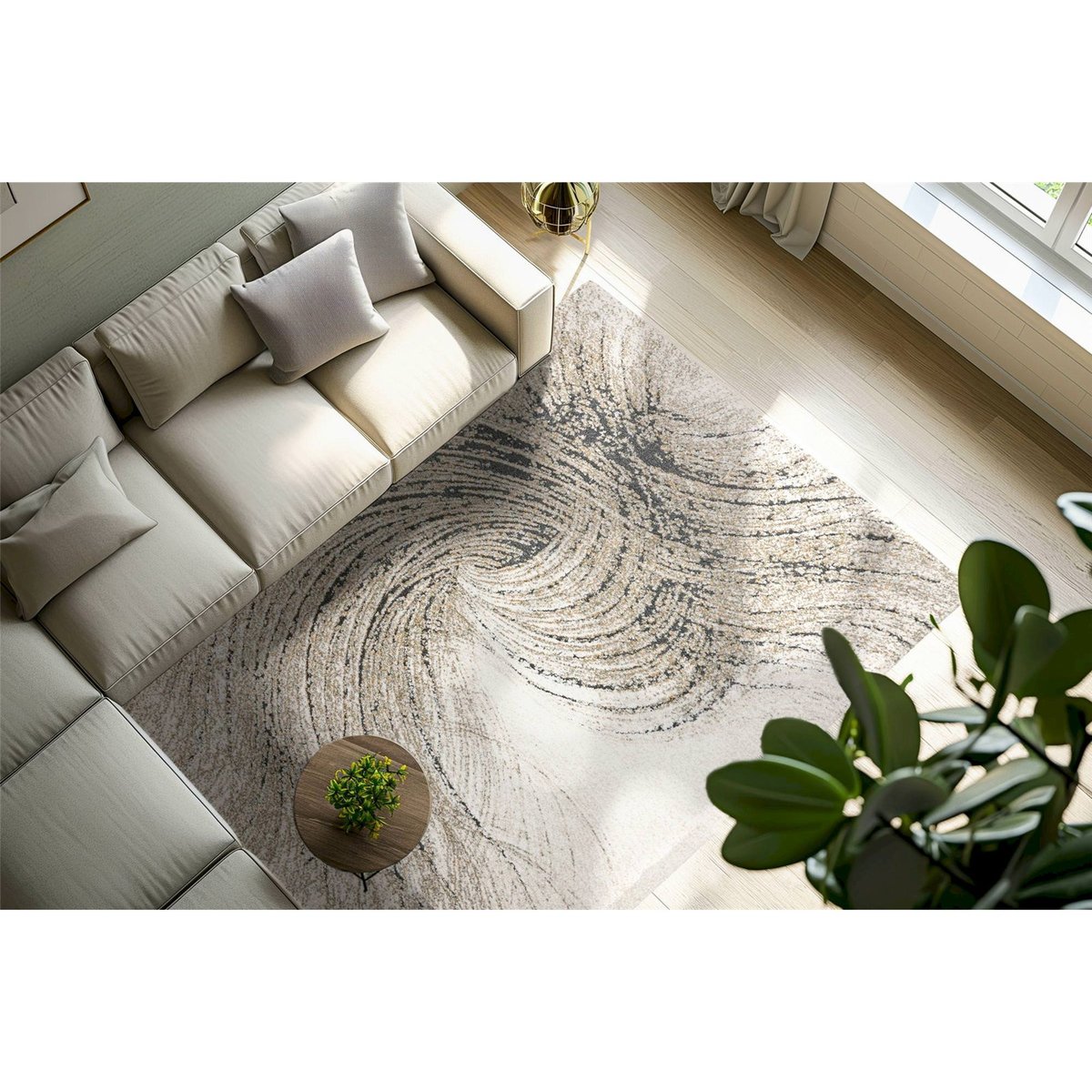 Tapis à poils courts motif abstrait style zen vert sauge et beige sable, ARTE ESPINA