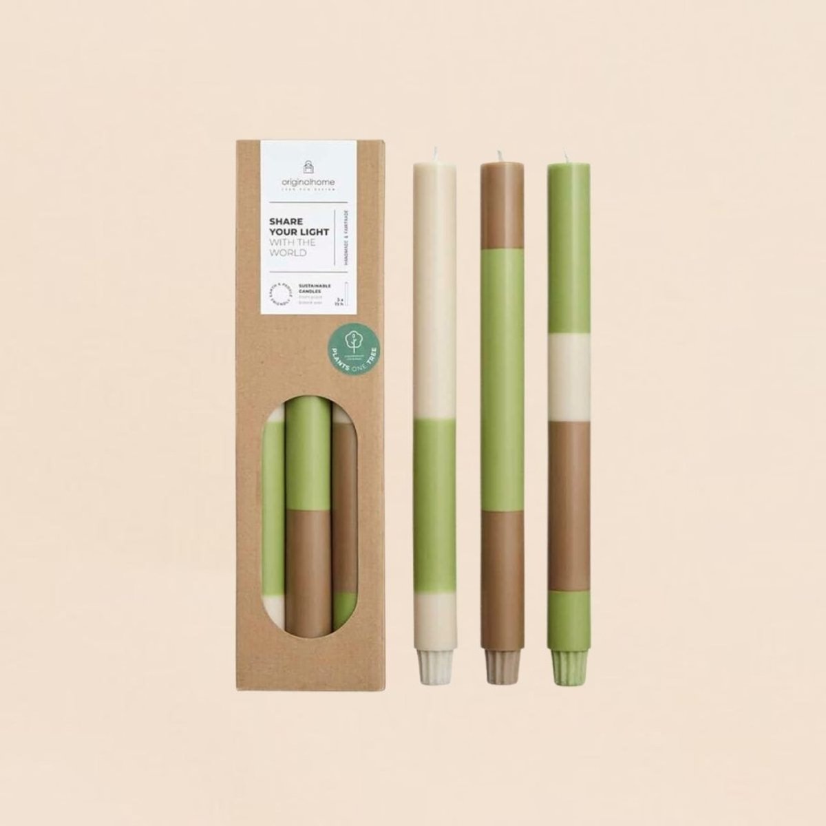 Set de 3 bougies rayées 30cm beige, ORIGINALHOME
