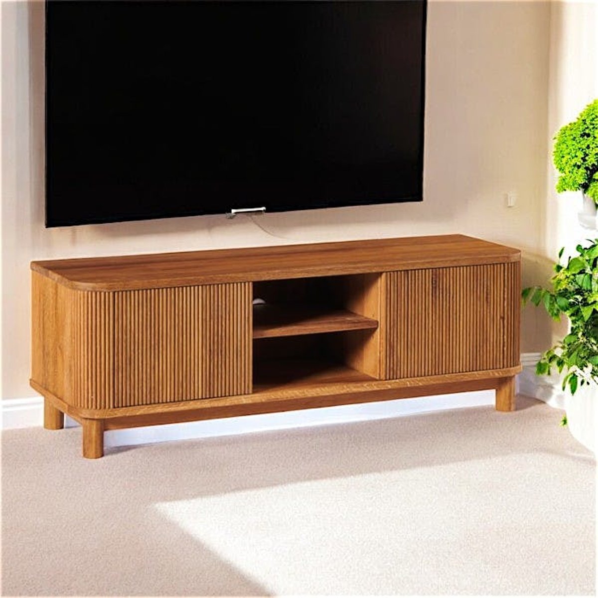 Meuble TV contemporain chêne rainuré 2 portes 2 niches IENA bois naturel, PIER IMPORT