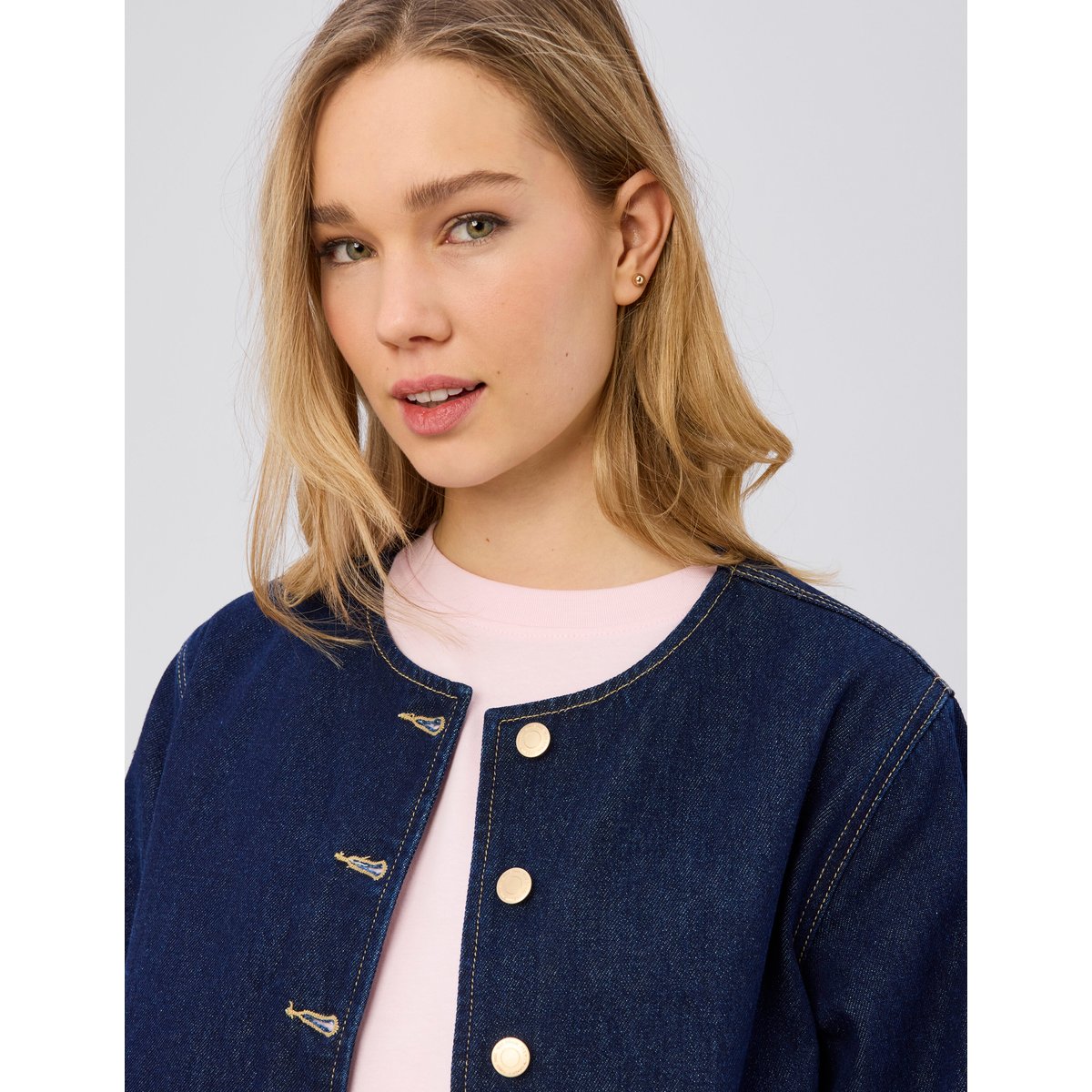 Veste en jean sans col bleu moyen, BZB