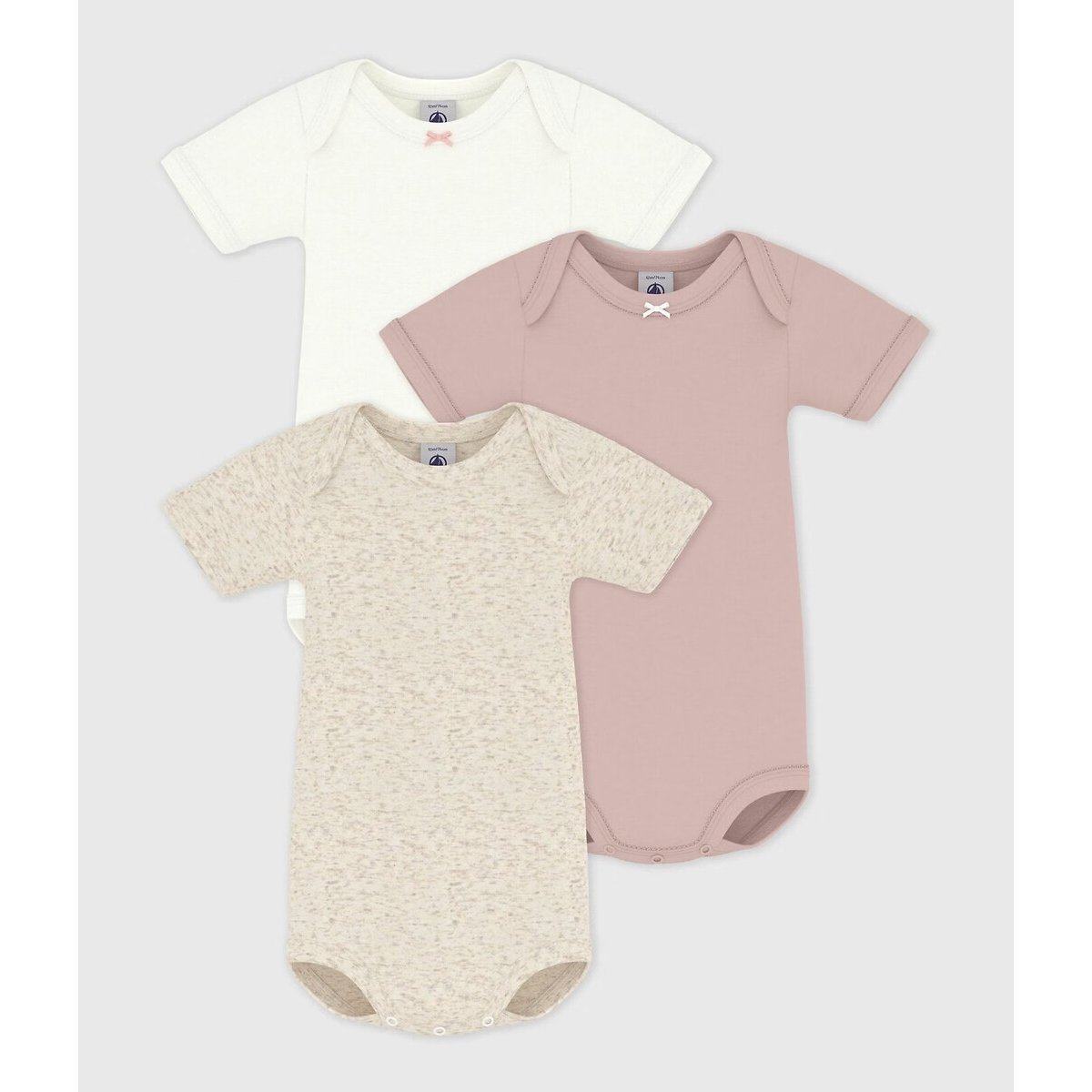 Set van 3 rompers met korte mouwen beige+roze+wit, PETIT BATEAU
