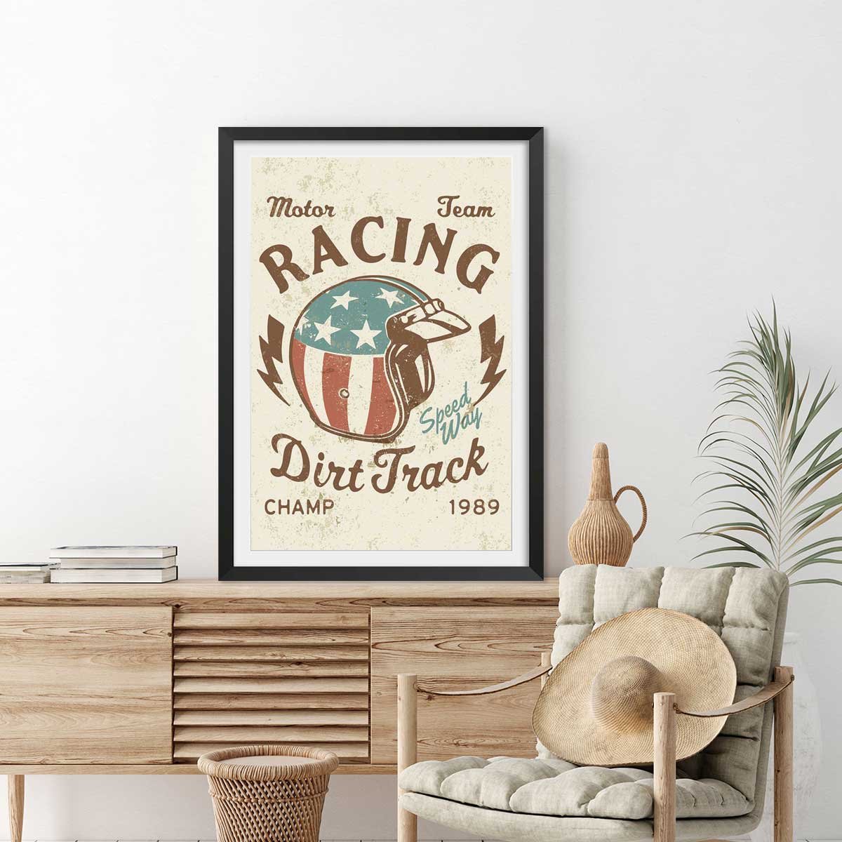 Affiche vintage motor racing affiche + cadre en bois - noir, HEXOA