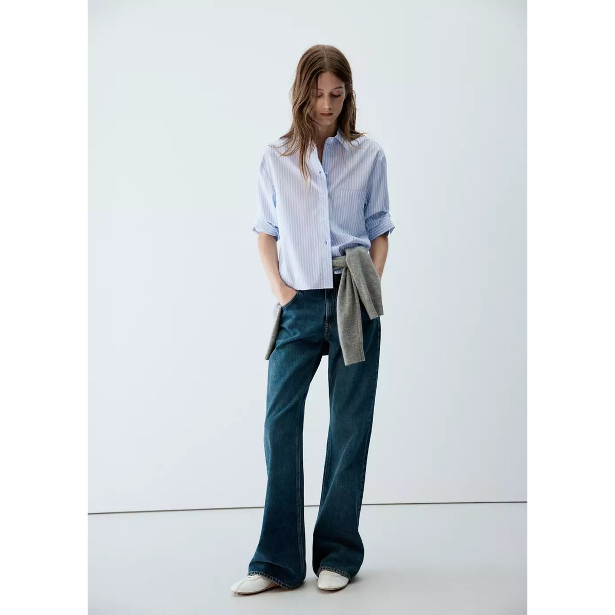 Chemise à rayures, manches trois-quarts bleu ciel, MANGO