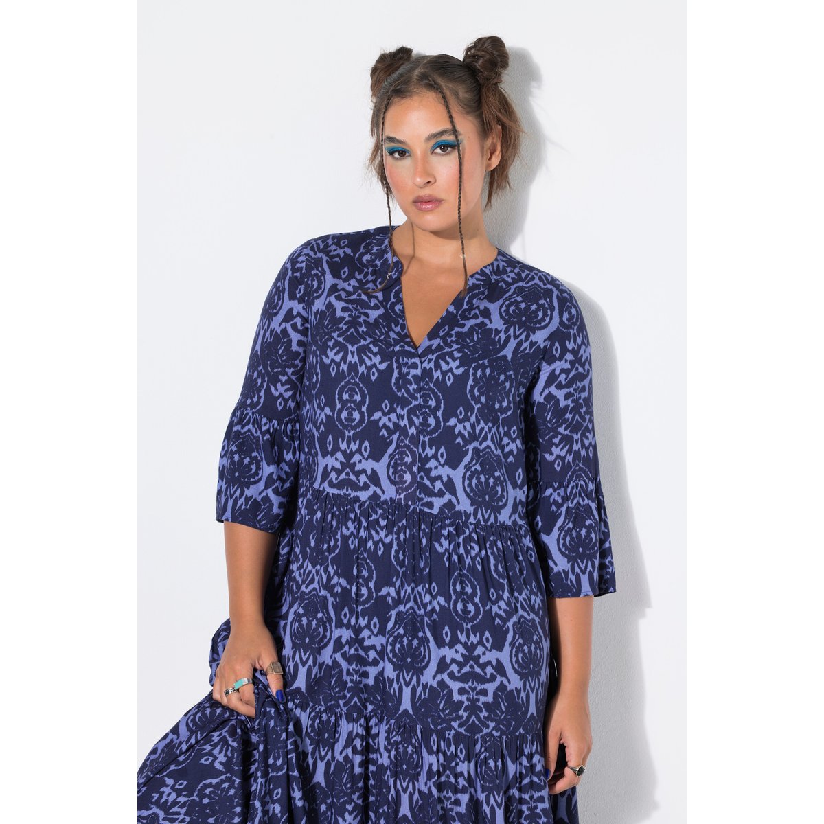 Robe maxi coupe trapèze à volants marine, STUDIO UNTOLD