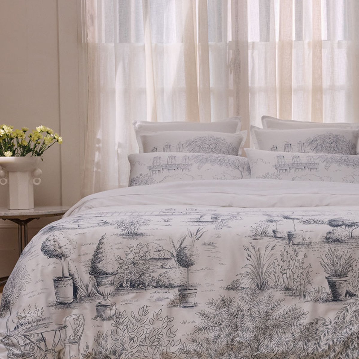 Taie d'oreiller imprimée en satin de coton bio, HONORE PARIS bleu, ALEXANDRE TURPAULT
