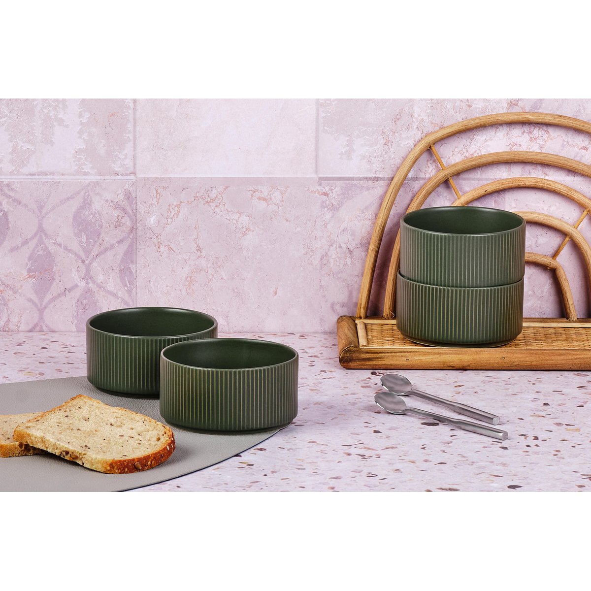 Lot de 4 petits bols en grès, SCANDI vert olive, BJORN