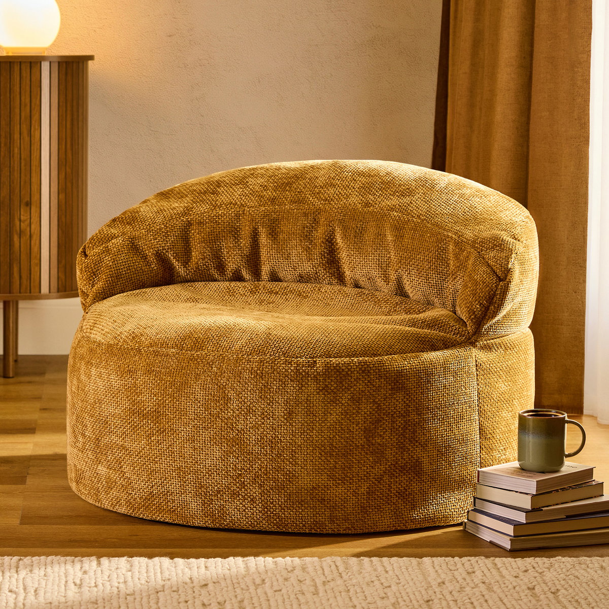 Pouf fauteuil d’appoint décoratif en tissu chenille Oeko-Tex® - ORB moutarde, ICON