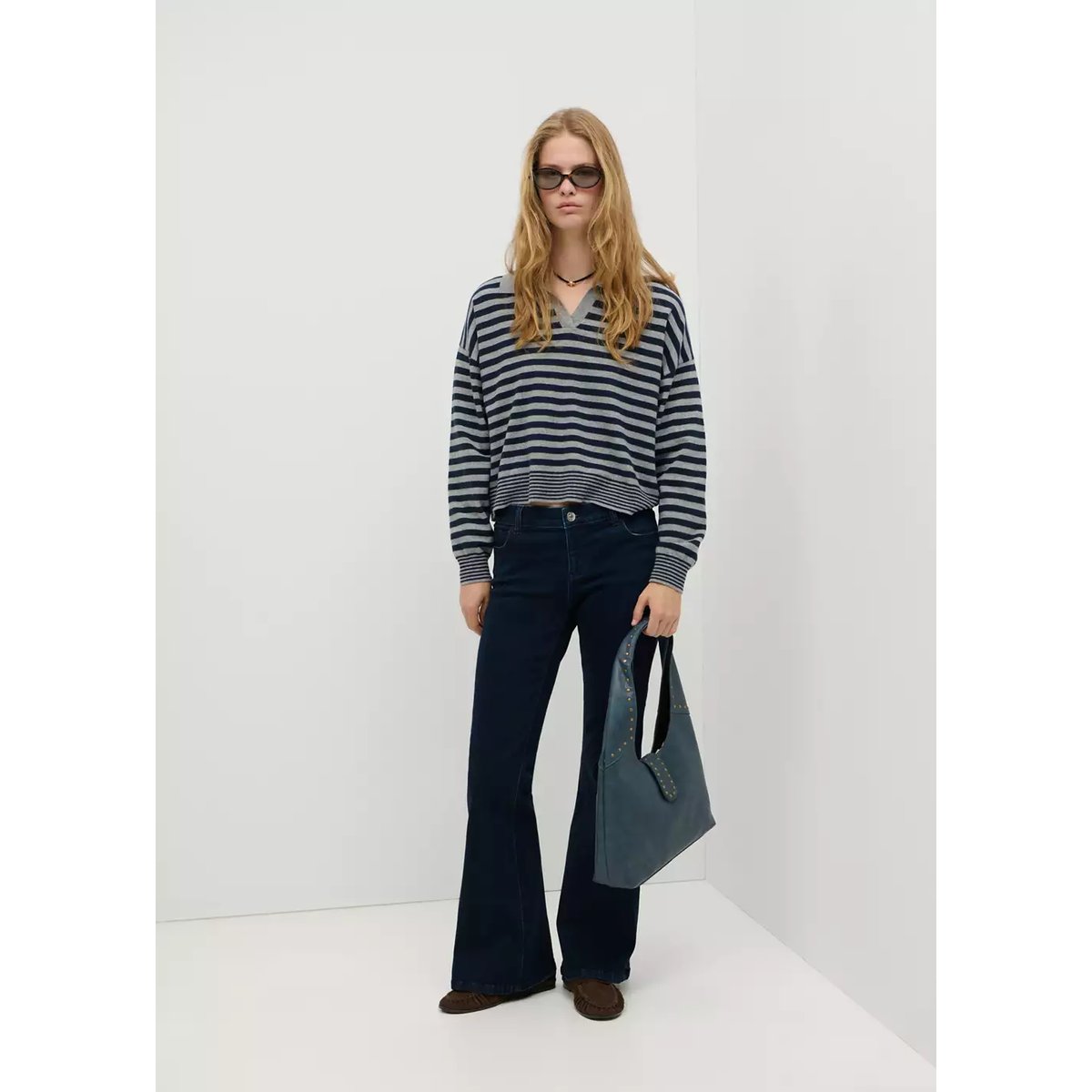 Pull col polo à rayures bleu marine foncé, MANGO TEEN