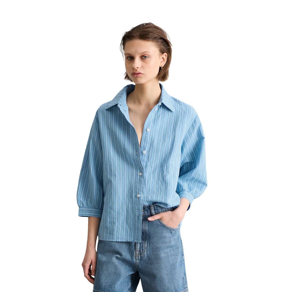 Blouse rayée relaxed en mélange de lin et de coton bleu, MARC O’POLO DENIM