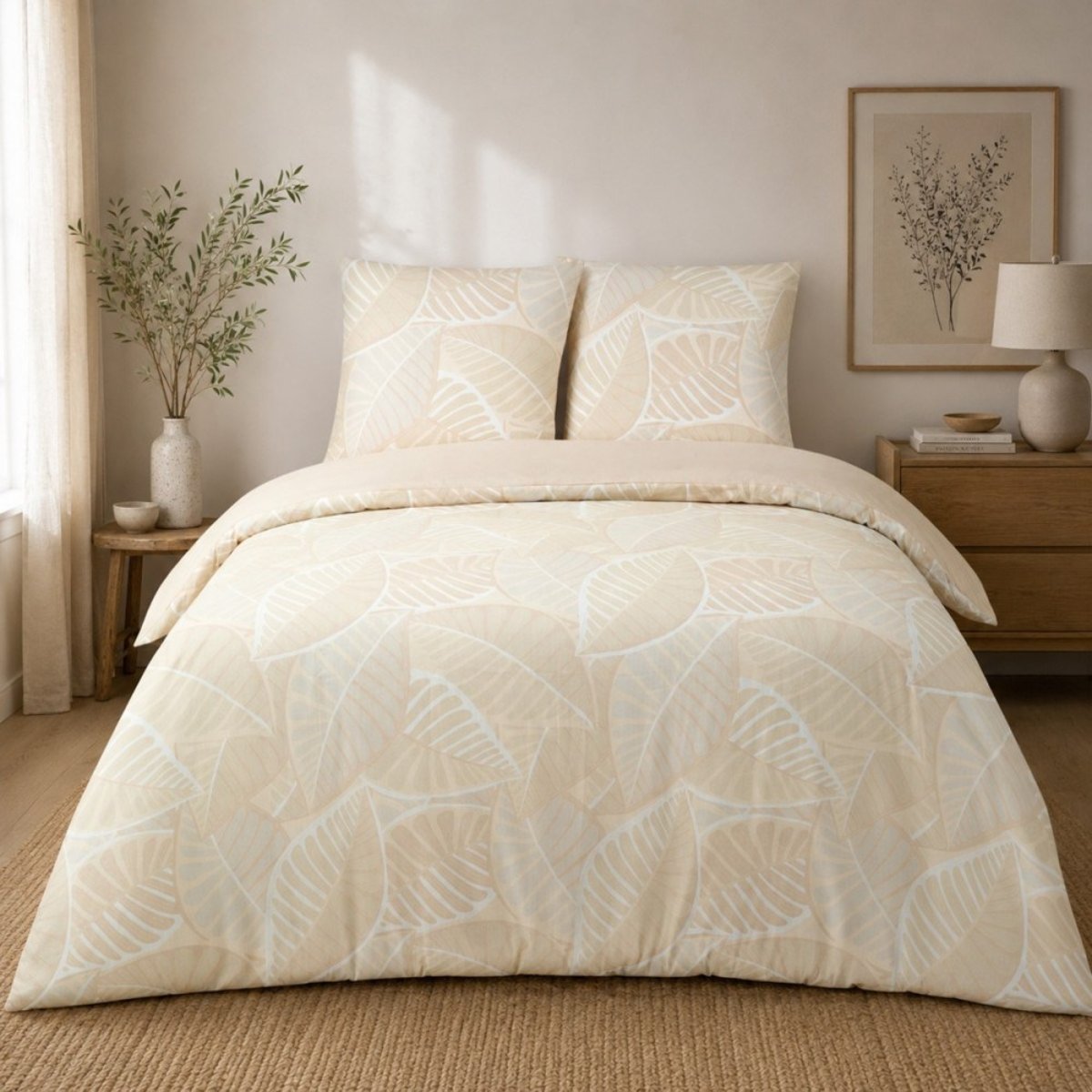 Housse de couette 240x220 YUCA + 2 taies Percale de coton beige, DECORATIE