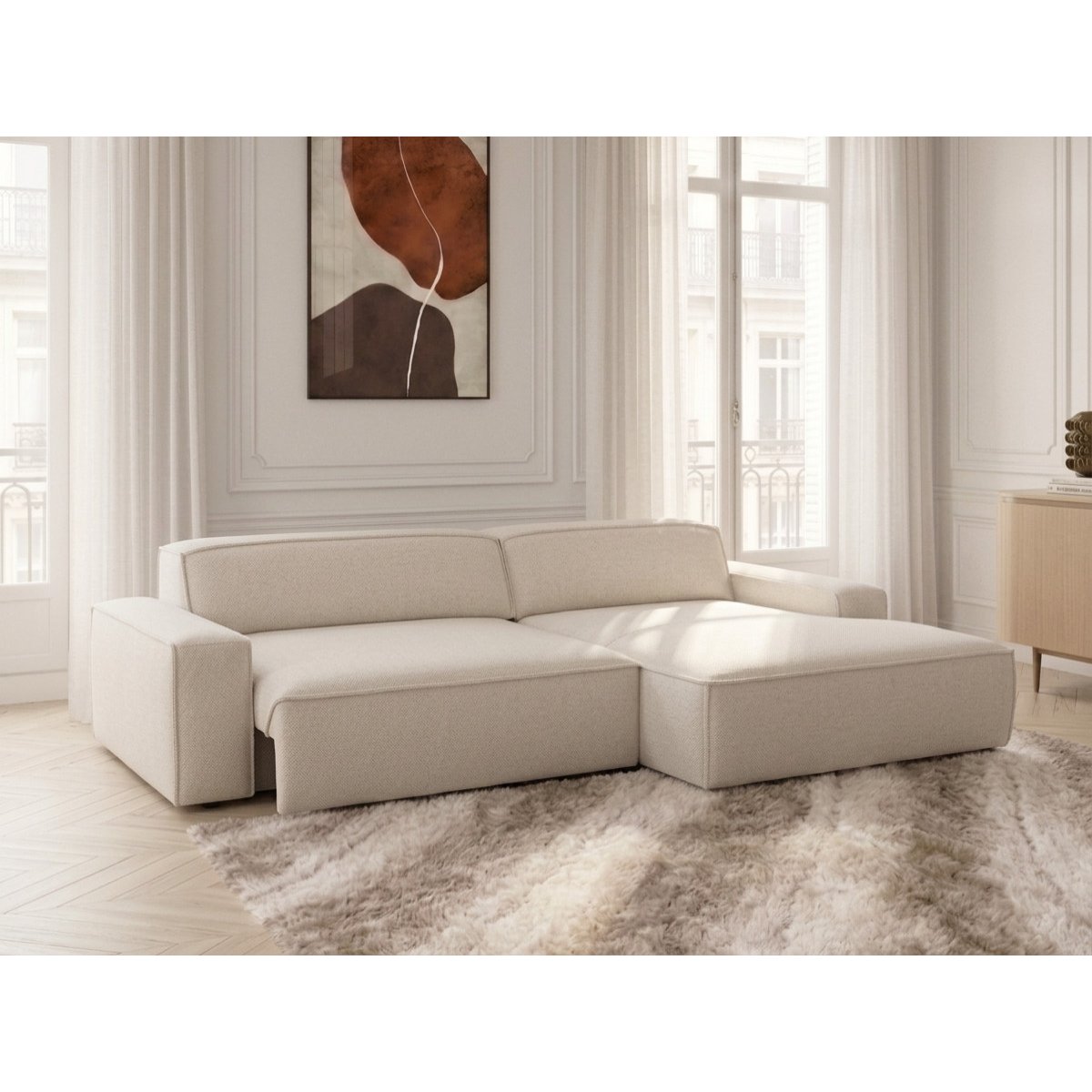 Canapé d'angle convertible 3 places en tissu chiné, ABEL beige, BOBOCHIC