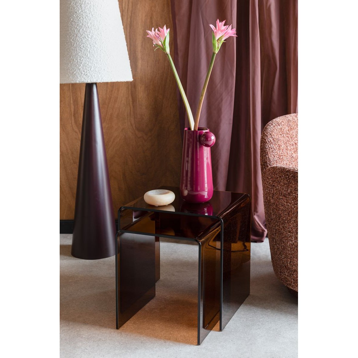 Table d'appoint carré en verre, L. marron, BOITE A DESIGN