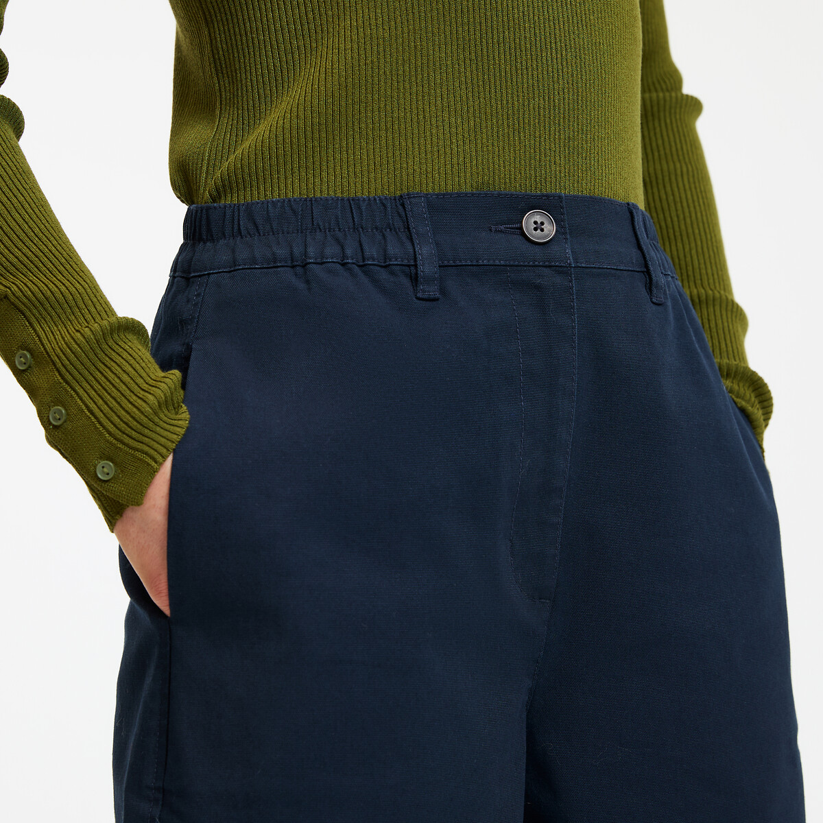 Stretch Cotton High Waist Wide Leg Barrel Trousers navy blue, LA REDOUTE COLLECTIONS