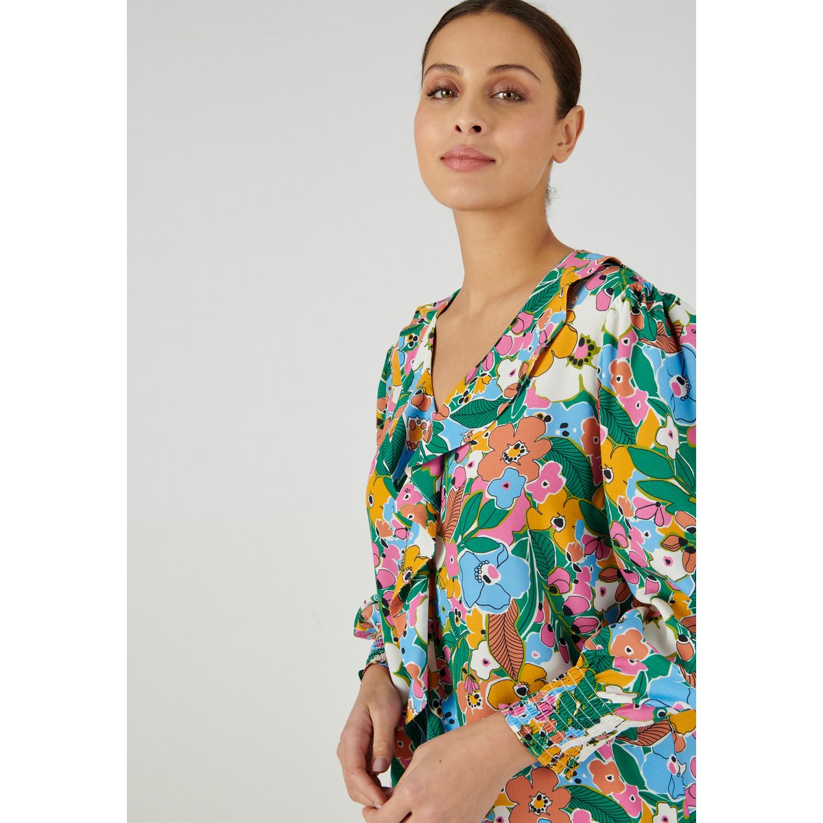 Blouse imprimée à volants multicolore imprimé grandes fleurs, DAMART