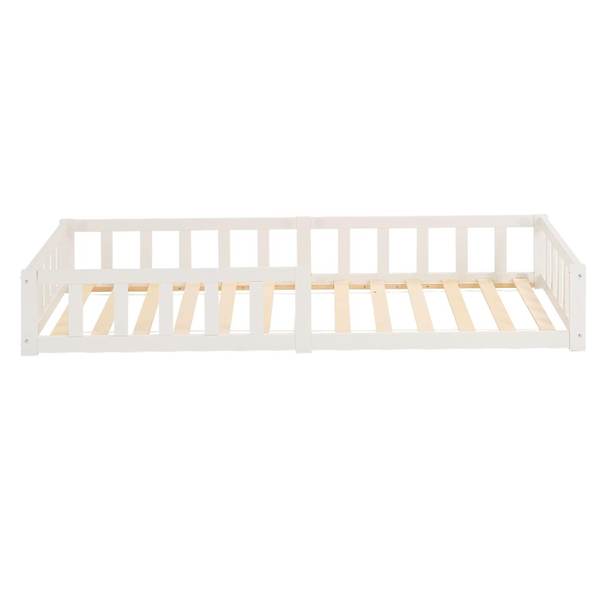 Lit enfant Montessori 90x200 cm blanc, bois massif, sommier, barrière, entrée réversible couleur unique, HOMESTYLE4U