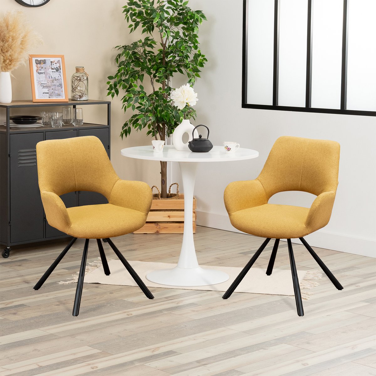 Ensemble table à manger ronde avec 2 chaises, CLIFTWHITESET yellow, MEUBLES COSY